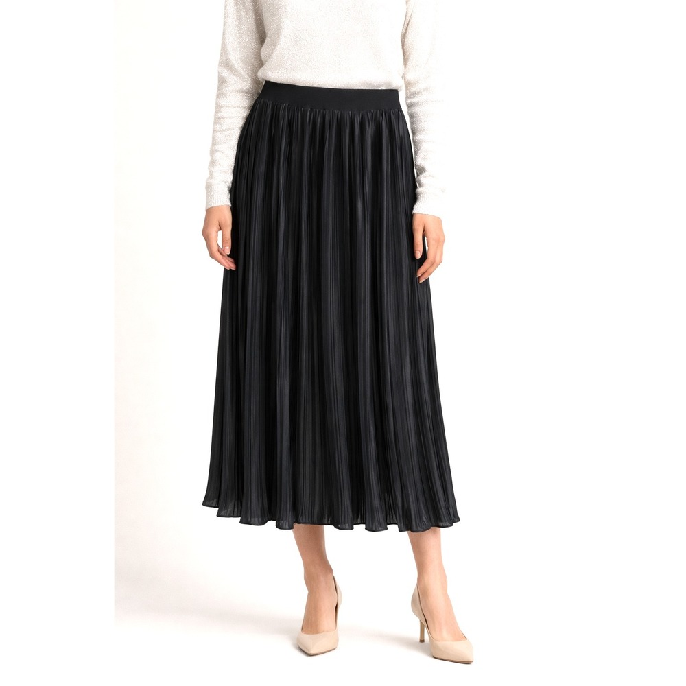 NWT SHE + SKY Black Pleated Midi Skirt Size Large Lined Pull-On Elastic Waist